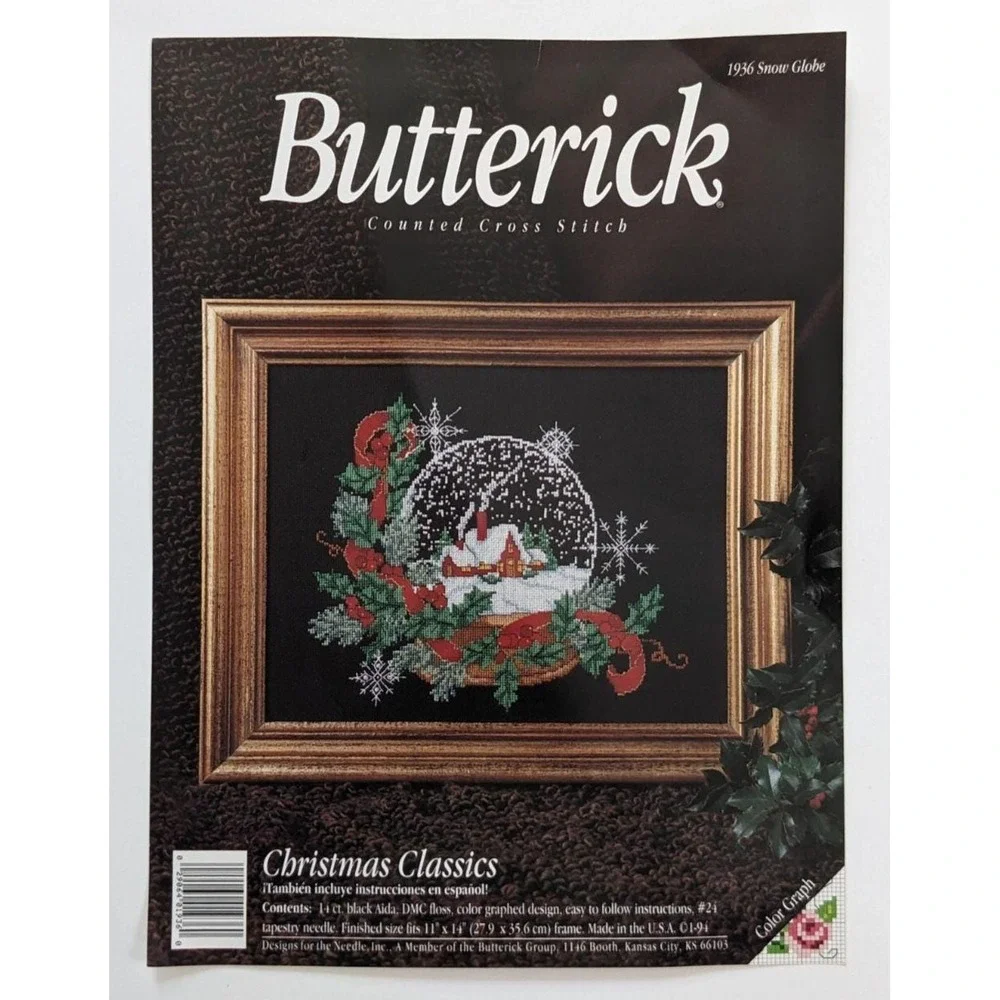 Butterick Counted Cross Stitch Kit Christmas Classics Snow Globe No. 1936 11x14